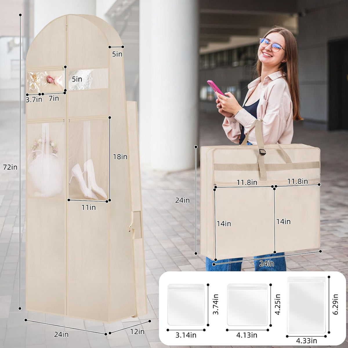 TANGKA Wedding Dress Garment Bag, 72-Inch Tri-Fold Bridal Gown Bag with 6 Pockets & 6 Accessory Pouches, Adjustable Buckle, Zippered Dress Storage Cover for Wedding, Prom & Travel, Beige