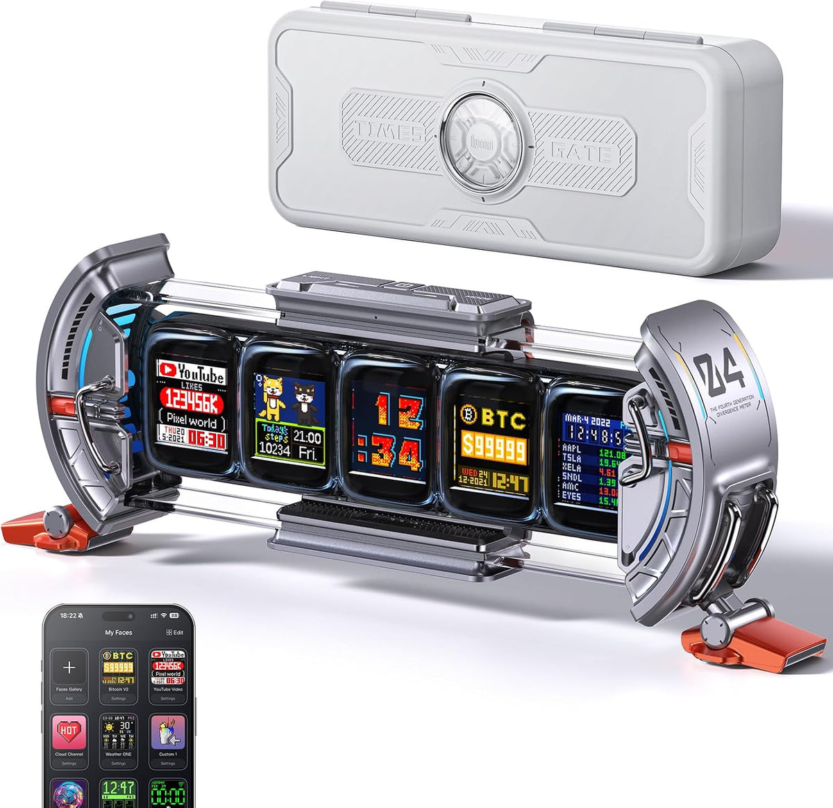 Divoom Times Gate - Cyberpunk Gaming Setup Digital Alarm Clock, Smart APP, WiFi Connect, RGB LED Display, Personalized Financial & Bitcoin Dashboard, Pixel Art for Gaming Room & Office Decor, Silver