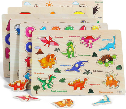 GRINNNIE Wooden Peg Puzzle Set for Toddlers, 6-Pack Montessori Learning Puzzles for Ages 3-5, Alphabet Number Shape Animal Dinosaur & Vehicle Educational Wooden Peg Puzzles