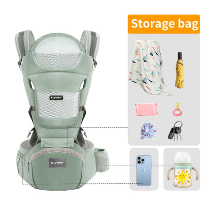 KIYUMI 6-in-1 Baby Carrier Newborn to Toddler with Hip Seat, Ergonomic Infant Carrier, Adjustable Front Back Hip Carrier, Green
