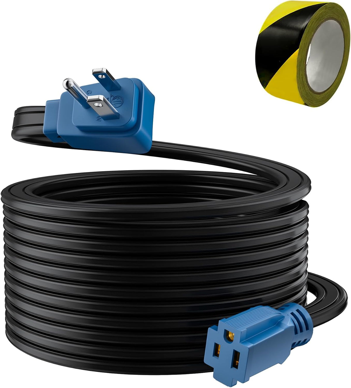 Flat 12 Gauge AWG Appliance Power Extension Cord 50 FT Blue, Heavy Duty 3 Prong Right-Angle Flat Plug Low Profile Cable, SPT-3 15A 125V for AC Fridge Dryer Tool Microwave Oven -ETL+Caution Tape