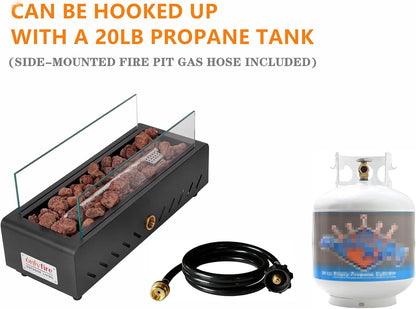 18" Propane Gas Fire Pit Side-Mounted, Portable Tabletop Fireplace, FP026 Modern Firepit with Lava Rocks, Glass Shield and 6.8FT Hose for Outdoor Patio Backyard Porch Camping RV Tailgating