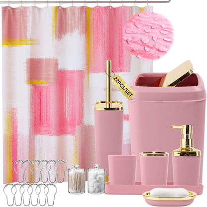 XLHOMO Bathroom Set - Pink and Gold Bathroom Accessories Set, Bathroom Sets with Shower Curtain and Rugs, Pink Shower Curtain Set with Bathroom Trash Can, Soap Dispenser, Soap Dish for Home Decor