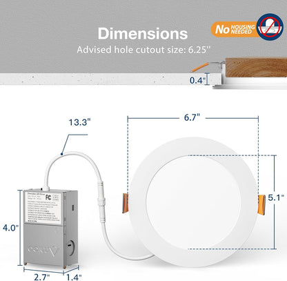 Amico 24 Pack 6 Inch LED Recessed Light with Junction Box, 5CCT, 1050LM 12W, 2700K-5000K, 5%-100% Dimmable, 120V, White, Metal Housing, Ultra-Thin Canless Wafer Downlight, ETL, FCC, IC & Damp Rated