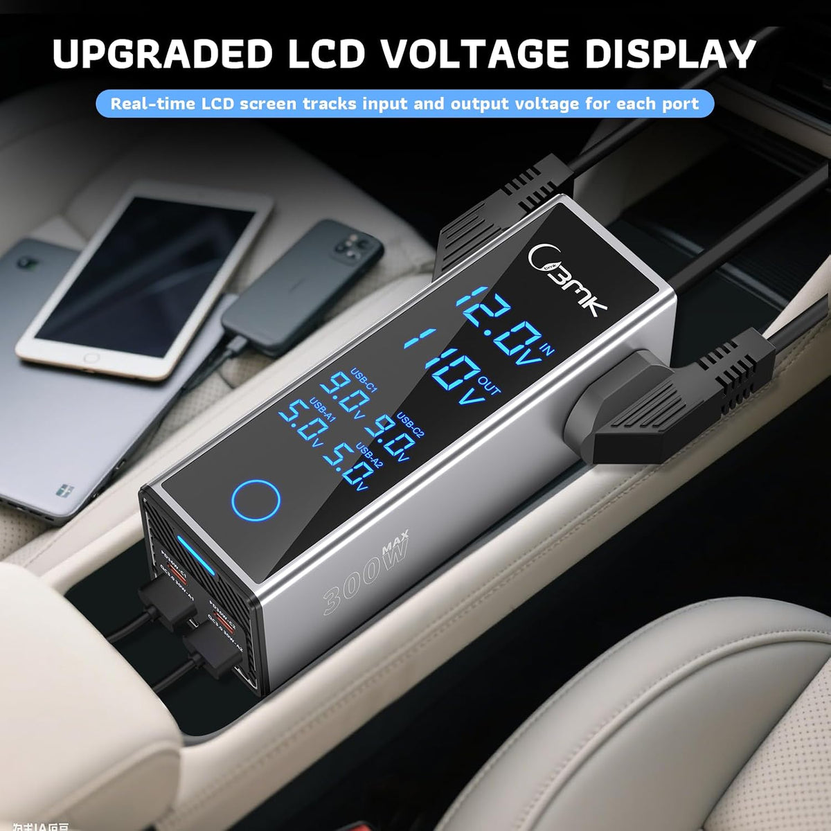 300W Car Power Inverter 12V DC to 110V AC Outlet Adapter 4 Fast USB Ports with PD 36W QC3.0 LCD Voltage Display Stackable Design for Laptop CPAP Road Trip Essentials