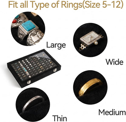 Frebeauty 100-Slot Ring Organizer Tray, Velvet Jewelry Display Box with Clear Lid, Hinged Ring Storage Case for Rings, Earrings & Studs, Black
