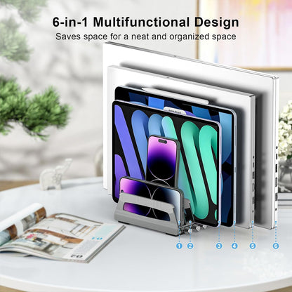 Elestoria 6-Slot Vertical Laptop Stand & Holder –Adjustable Aluminum Laptop Stand Vertical for Desk Fits 6 Devices, MacBook & Gaming Laptops (Up to 17.3”)–Space Saving Laptop Storage Rack - Grey