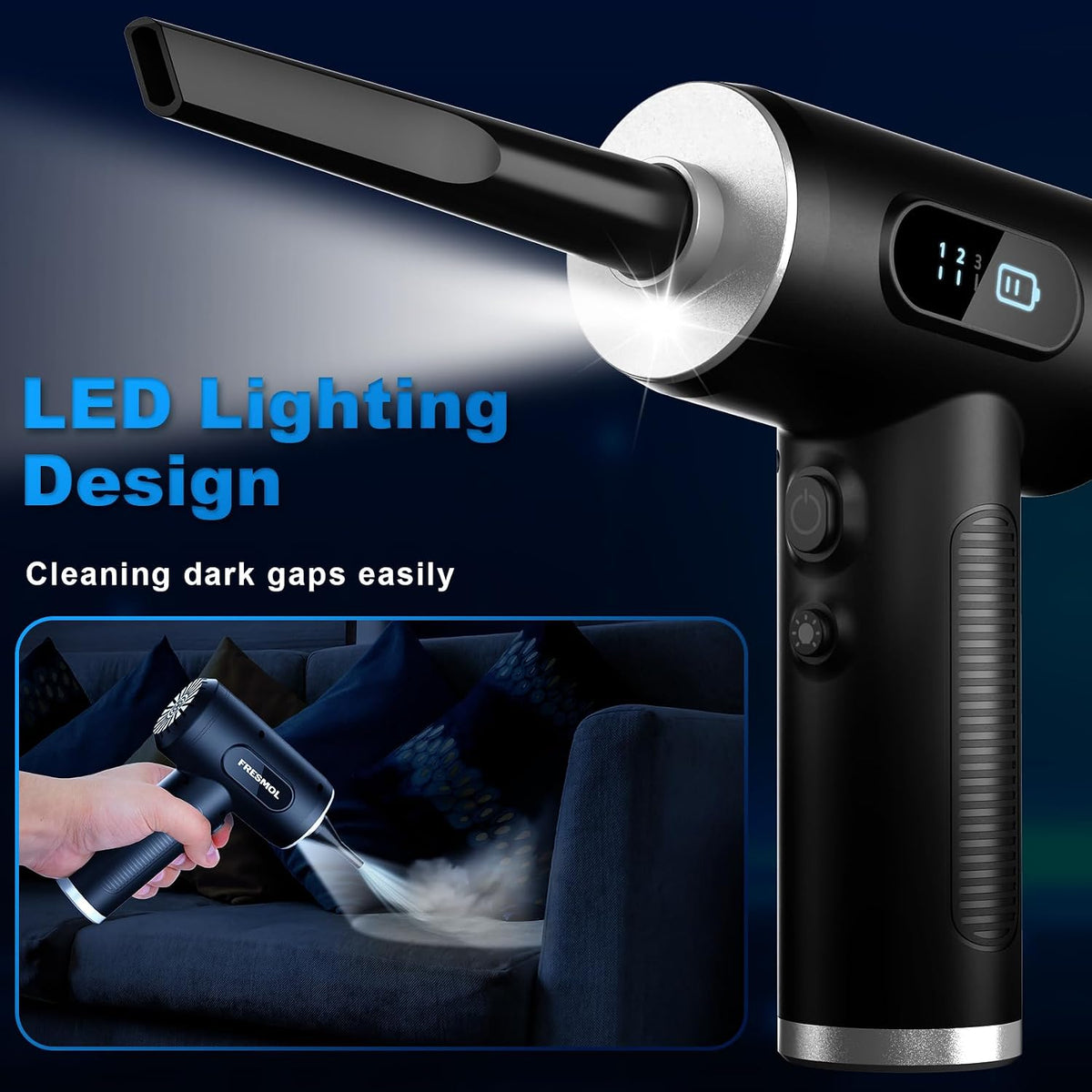 FRESMOL Compressed Air Duster | 100,000 RPM Rechargeable Electric Air Blower with 3 Speeds, LED Display & 10 Cleaning Attachments