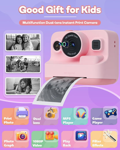 Dylanto Kids Instant Print Camera BLL2, 1080P Digital Camera with Thermal Printer, 2.4" Screen, 16X Digital Zoom, 32GB Memory Card, 3 Paper Rolls, Pink
