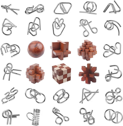 RLYLF 30-Piece Brain Teaser Puzzle Set, Wooden & Metal 3D Assembly and Disassembly Puzzles for Adults, Teens & Kids, Portable Logic Games for Family, Office & Party