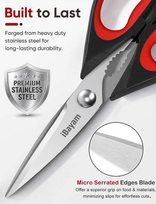 iBayam Kitchen Scissors Shears All Purpose Heavy Duty, Protective Sheath, 2-Pack, Ultra-Sharp Stainless Steel Blades, Soft Comfort-Grip, Dishwasher Safe, Cutting Food, Cooking, Meat & Poultry