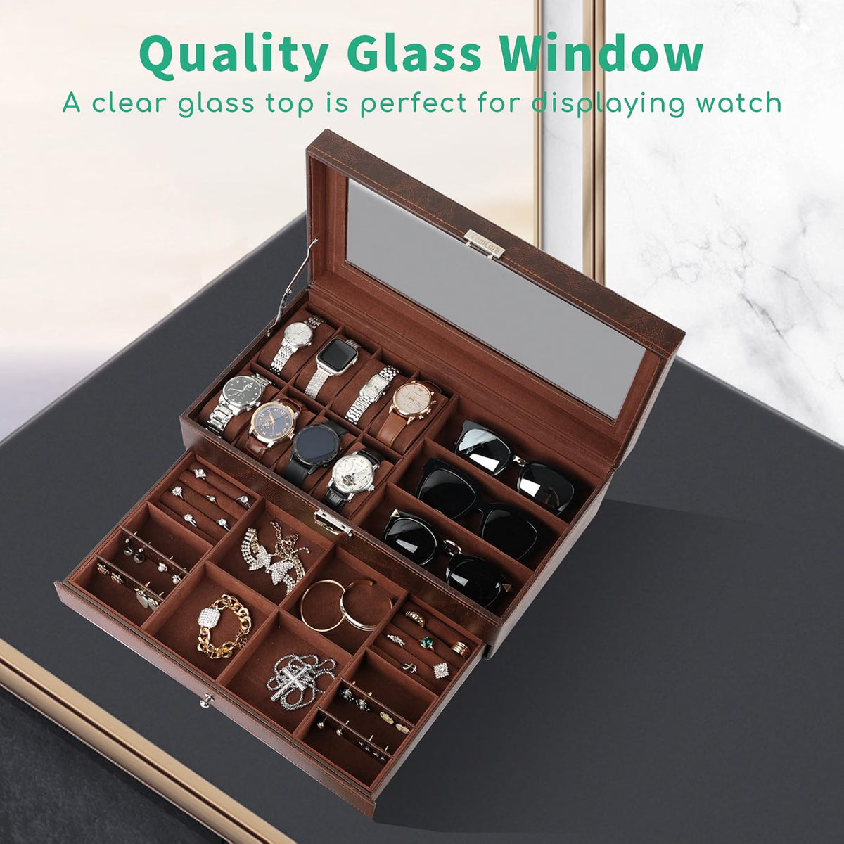 TomCare 2-Tier Watch Box, Large Watch & Jewelry Organizer with Glass Lid, Lockable Display Case with 8 Watch Slots, Glasses & Jewelry Compartments, Brown