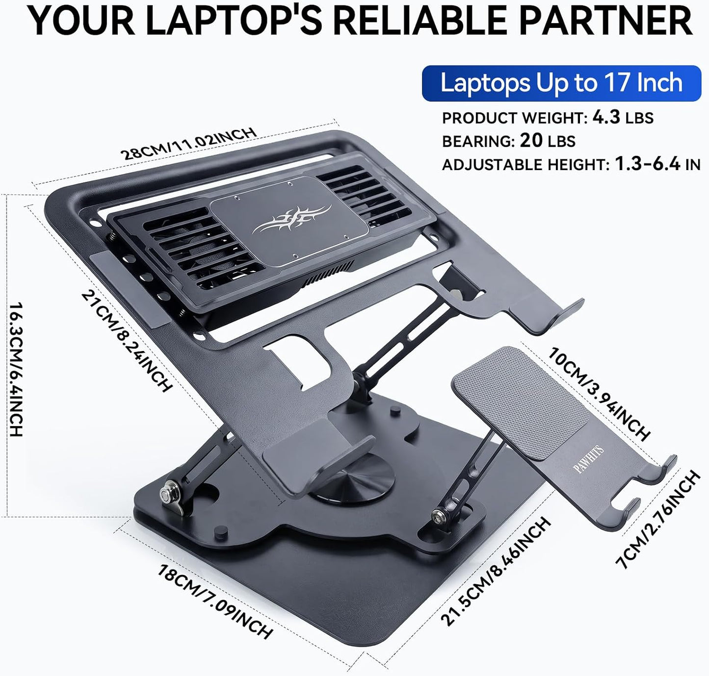 Laptop Cooling Pad with Detachable Fan & Cooler (USB A-C Port) 2-in-1 Adjustable Laptop & Phone Stand, Ultra-Quiet, 360° Rotatable Base, Carbon Steel Framework for Laptops Up to 17 Inch