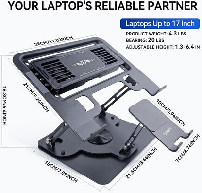 Laptop Cooling Pad with Detachable Fan & Cooler (USB A-C Port) 2-in-1 Adjustable Laptop & Phone Stand, Ultra-Quiet, 360° Rotatable Base, Carbon Steel Framework for Laptops Up to 17 Inch
