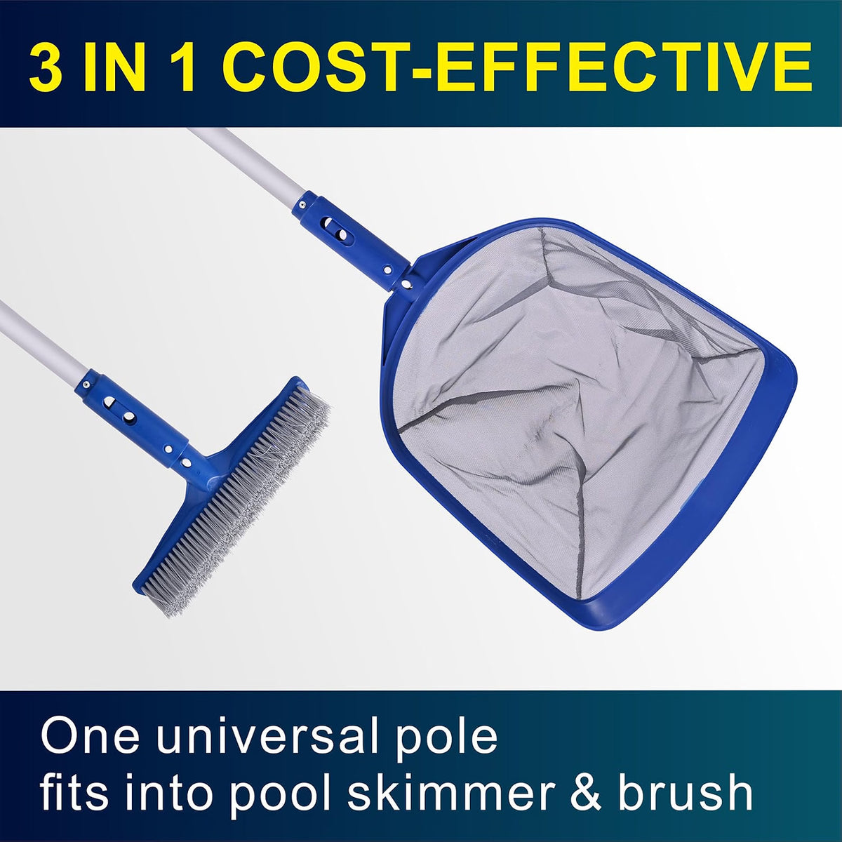 POOLAZA 3-in-1 Pool Cleaning Kit, Pool Skimmer Net, Pool Brush & 50-Inch Aluminum Pole, Fine Mesh Pool Leaf Skimmer with Nylon Bristles for Pool, Spa, Hot Tub & Pond