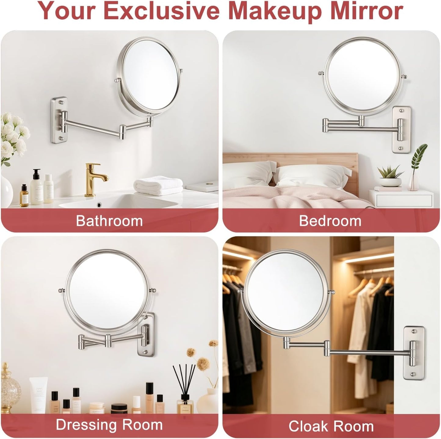 Wall Mounted Makeup Mirror, 1X/5X Magnifying Mirror Double Sided, 8 Inch Extendable Bathroom Mirror for Shaving, Nickel