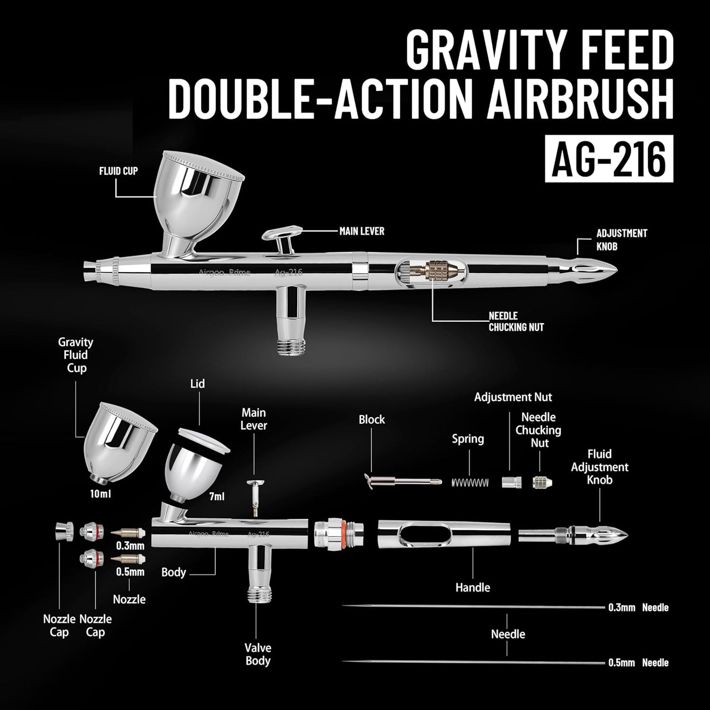 Airgoo Prime Series Airbrush Kit AG-216 Dual Action Gravity Feed Airbrush Kit with 0.3mm/0.5mm Nozzles & Needles, 7CC/10CC Fluid Cups for Tattoo, Modeling, Cake Decor, Nail Painting