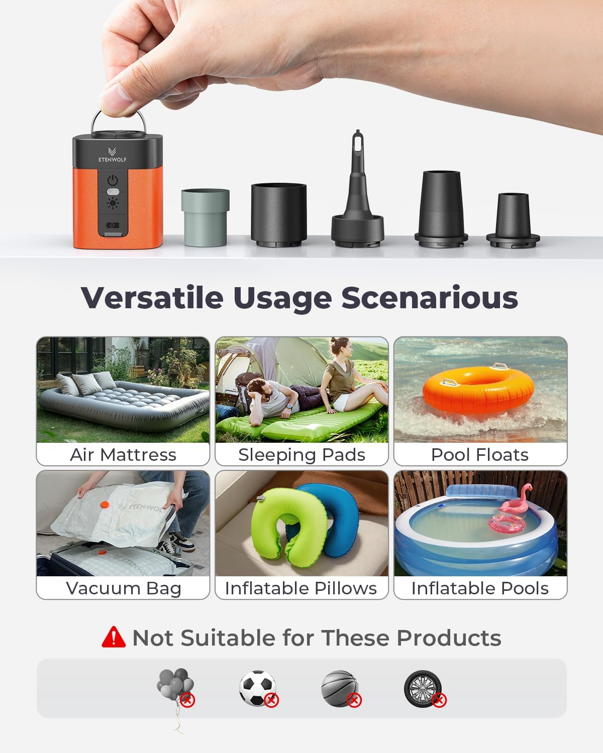 ETENWOLF AIR 3 Air Pump for Inflatables with 2600mAh Battery& Camping Light Ultra-Fast and Mini Electric Air Pump, Inflate Deflate for Air Mattress, Pool Floats, Vacuum Storage Bags