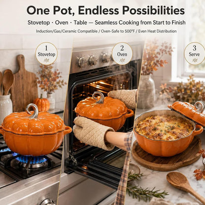 Pumpkin Enameled Cast Iron Dutch Oven with Lid, Oven Safe Soup Casserole Dish with Dual Handles, Cute Fall Harvest Decor Bakeware for Thanksgiving Halloween (B2, 16CM)