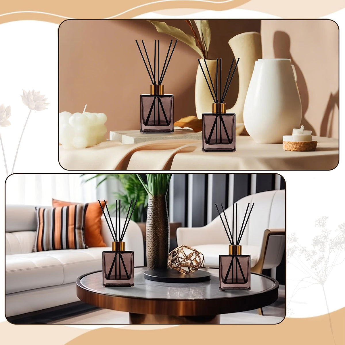 HyperionFlo Essentials 6-Pack Reed Diffuser Bottles, 200 ml Brown Glass Jars with Gold Caps & Black Sticks, Empty DIY Fragrance Containers