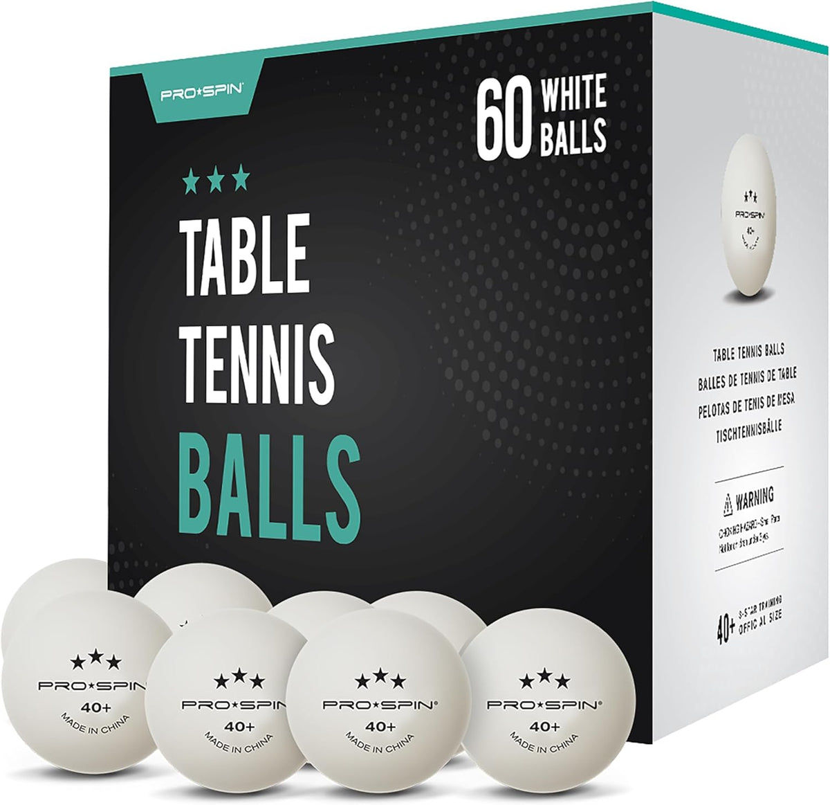 PRO-SPIN Ping Pong Balls, 3-Star Premium White Table Tennis Balls, 40+ ABS Professional-Quality Training Balls, 60-Pack