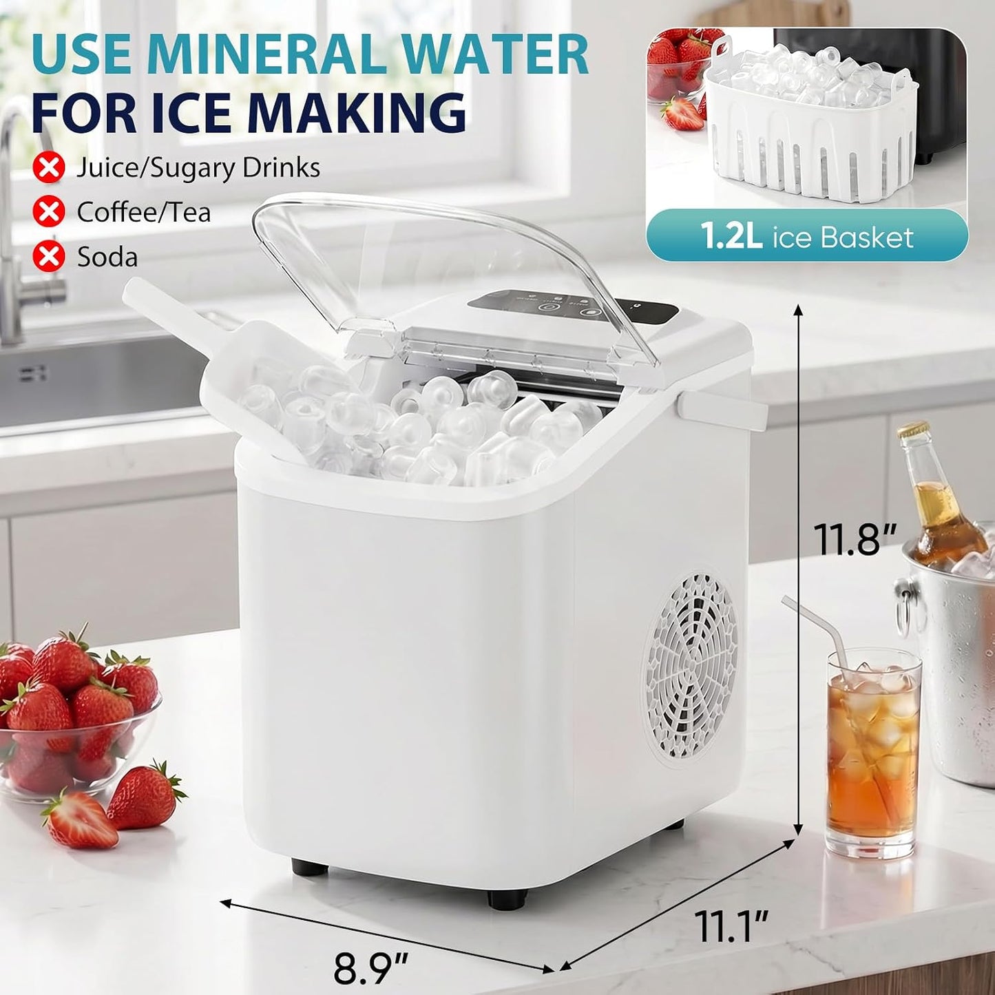 DUMOS Ice Makers Countertop Ice Machine with Portable Handle Compact Size 9 Bullet Cubes in 8 Mins, 26lbs in 24 Hours, Self-Cleaning, with Basket and Scoop, for Home, Kitchen, RV, Camping