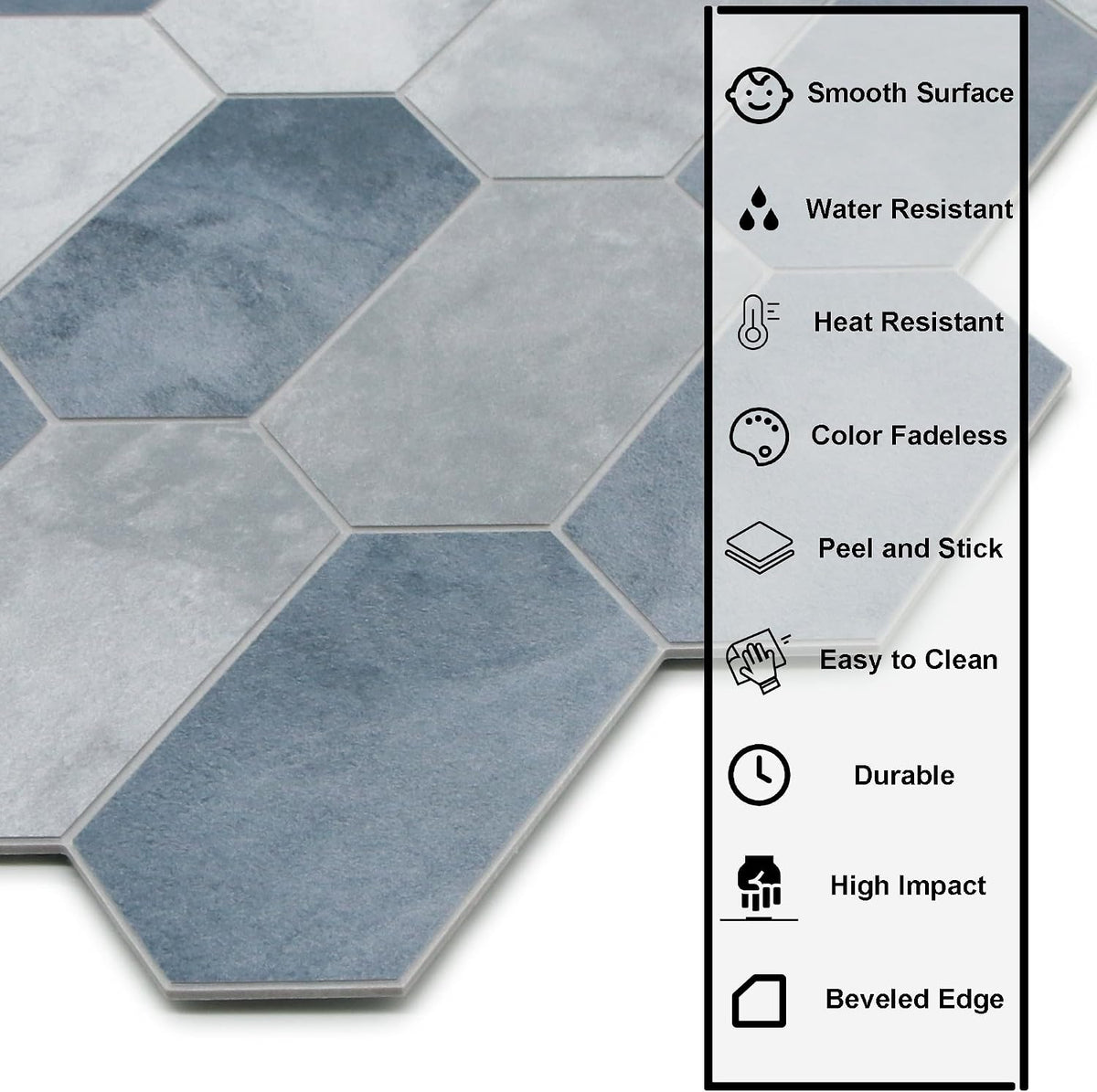 The Tiles Plaza 10-Sheet Peel and Stick Backsplash, 12" x 11.5" Blue Cement Long Hexagon Self-Adhesive Wall Tile, Stone Composite Stick On Decorative Mosaic Tile for Kitchen Bathroom Fireplace