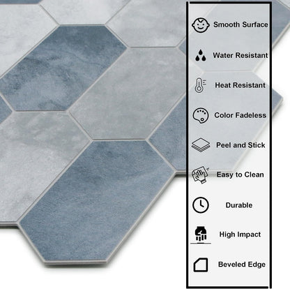 The Tiles Plaza 10-Sheet Peel and Stick Backsplash, 12" x 11.5" Blue Cement Long Hexagon Self-Adhesive Wall Tile, Stone Composite Stick On Decorative Mosaic Tile for Kitchen Bathroom Fireplace