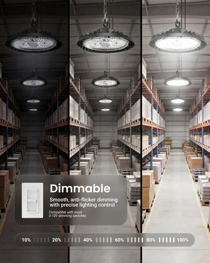 Sunco 10 Pack UFO LED High Bay Light, 150W, 6000K, 21000LM, Dimmable 100-277V, 0-10V, Ceiling Mount, Ultra Bright Commercial Shop Lights, Warehouse, Factory, Workshop, Garage, Barn, Waterproof