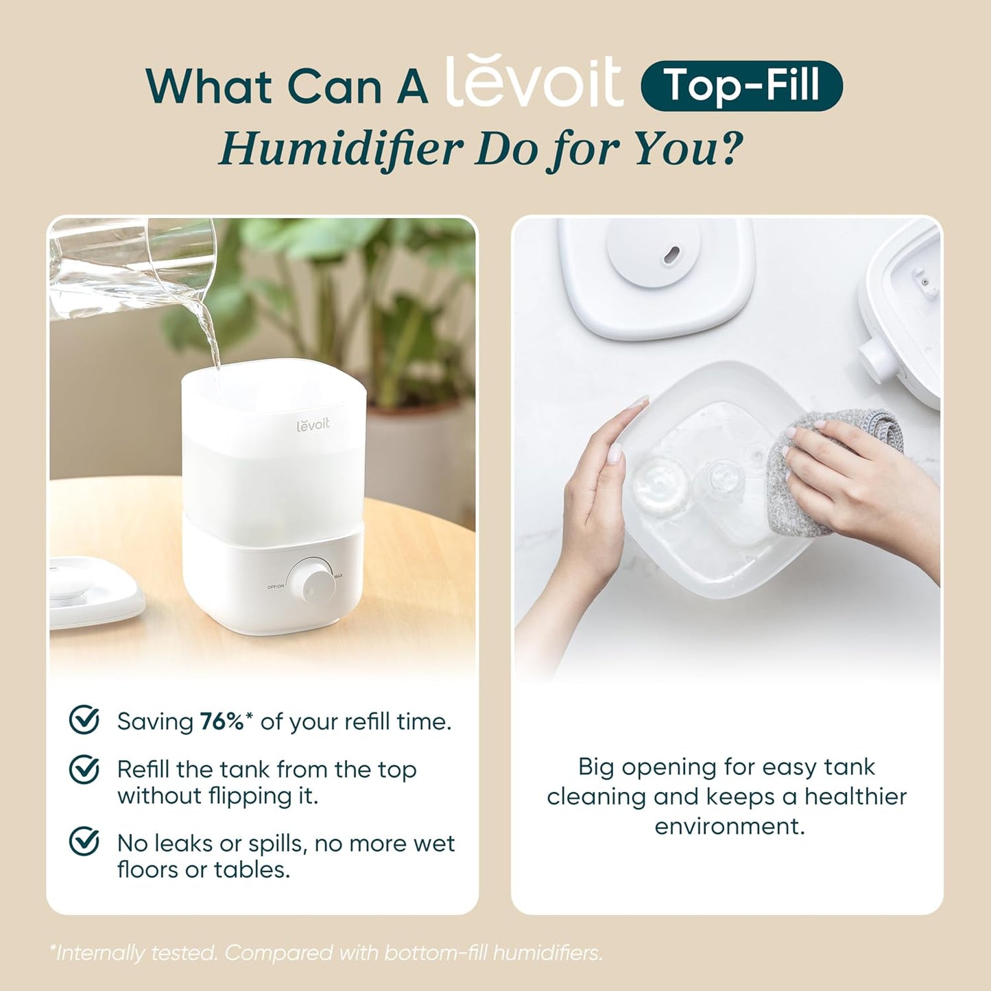 Levoit Top Fill Humidifiers for Bedroom, 2.5L Tank for Large Room, 28dB Easy to Fill & Clean, Quiet Cool Mist Air Humidifier for Home Baby Nursery & Plants, Auto Shut-off for Safety, 25H Lasting