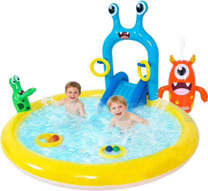 Inflatable Splash Pad for Kids with Monster Sprinkler, Water Slide, Toss Rings & Balls, Outdoor Backyard Water Play Center for Toddlers Ages 2-6