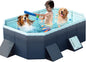 Large Foldable Swimming Kiddie Pool 83" x 55" x 22", Hard Plastic Rectangular Pool for Kids and Dogs, Reinforced Sidewalls, Portable Non-Inflatable Pool with Drain Hole for Backyard and Outdoor Use, Blue