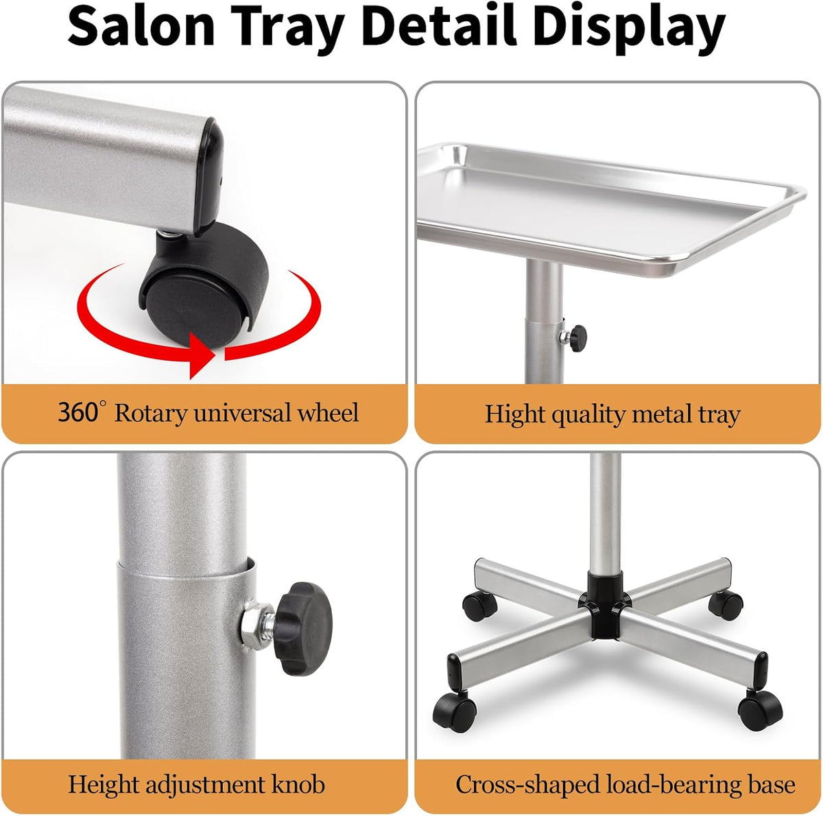 Salon Tray on Wheel, Metal Mayo Stand Tray, Use As Medical Tray, No-Rusting Rolling Tattoo Tray, Adjustable Hair Stylist Tray(Silver)