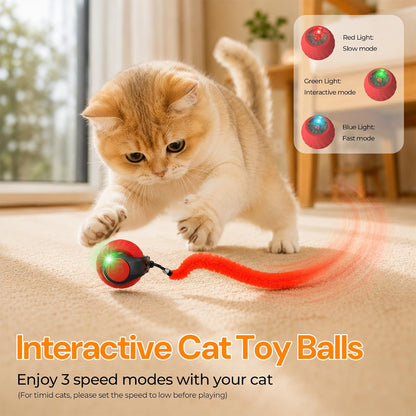 Geamen Interactive Cat Toy with Bird Sounds, 3 Smart Play Modes, Rechargeable Automatic Rolling Ball with 3 Teaser Tails, Indoor Cat Exercise Toy, A1 Red
