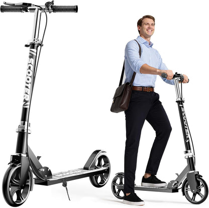 GRENYX Kick Scooter for Kids 8-12, Teens & Adults, Foldable 8-Inch Big Wheel Scooter with Hand & Foot Brakes, Bell, Adjustable Handlebar, 240-LB Capacity, Black