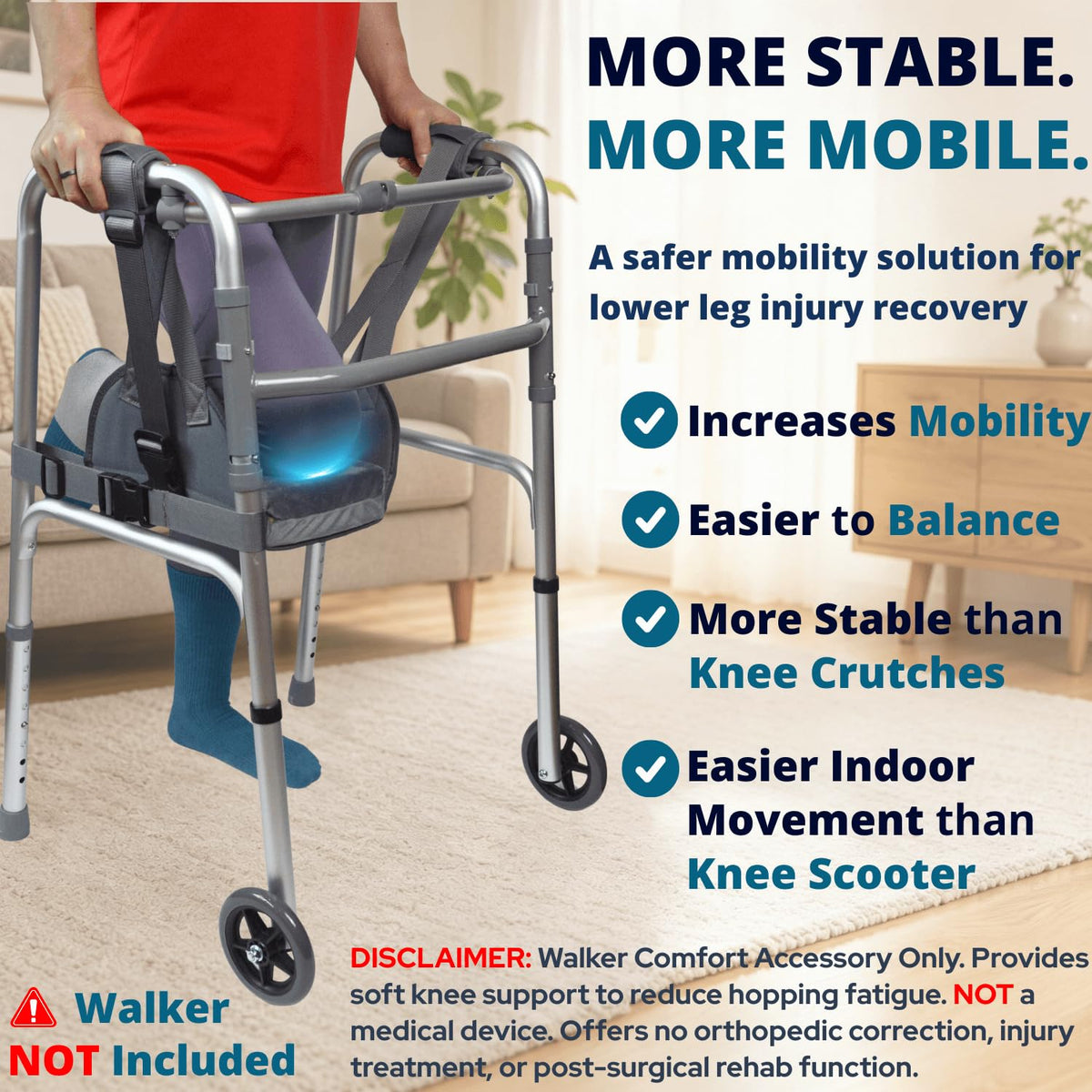 Knee Sling for Walker, Knee Support for Non Weight Bearing Alternative to Knee Scooter & Crutch for Surgery Recovery, Walker Accessories for Foot Injuries, Adjustable, Cushioned, Grey