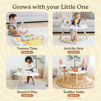 Little Acorn 4-in-1 Baby Activity Center, Montessori-Inspired Wooden Activity Center with 8 Interactive Toys, Tummy Time Mat, Activity Seat & Toddler Table, Sun