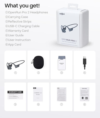Auriculares deportivos Bluetooth SHOKZ OpenRun Pro 2 de conducción ósea, negro, con tira reflectante; sonido premium DualPitch; percepción del entorno con diseño de oído abierto; micrófono inteligente; IP55; 12h de batería; para correr/ciclismo/senderismo