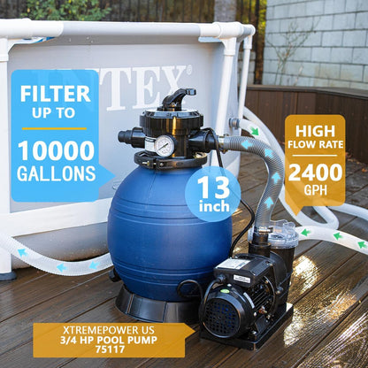 XtremepowerUS 13" Sand Filter Pump System for Above Ground Swimming Pools, 2400 GPH, 0.75 HP Pump, 4-Way Multi-Port Valve, Up to 10,000 Gallons