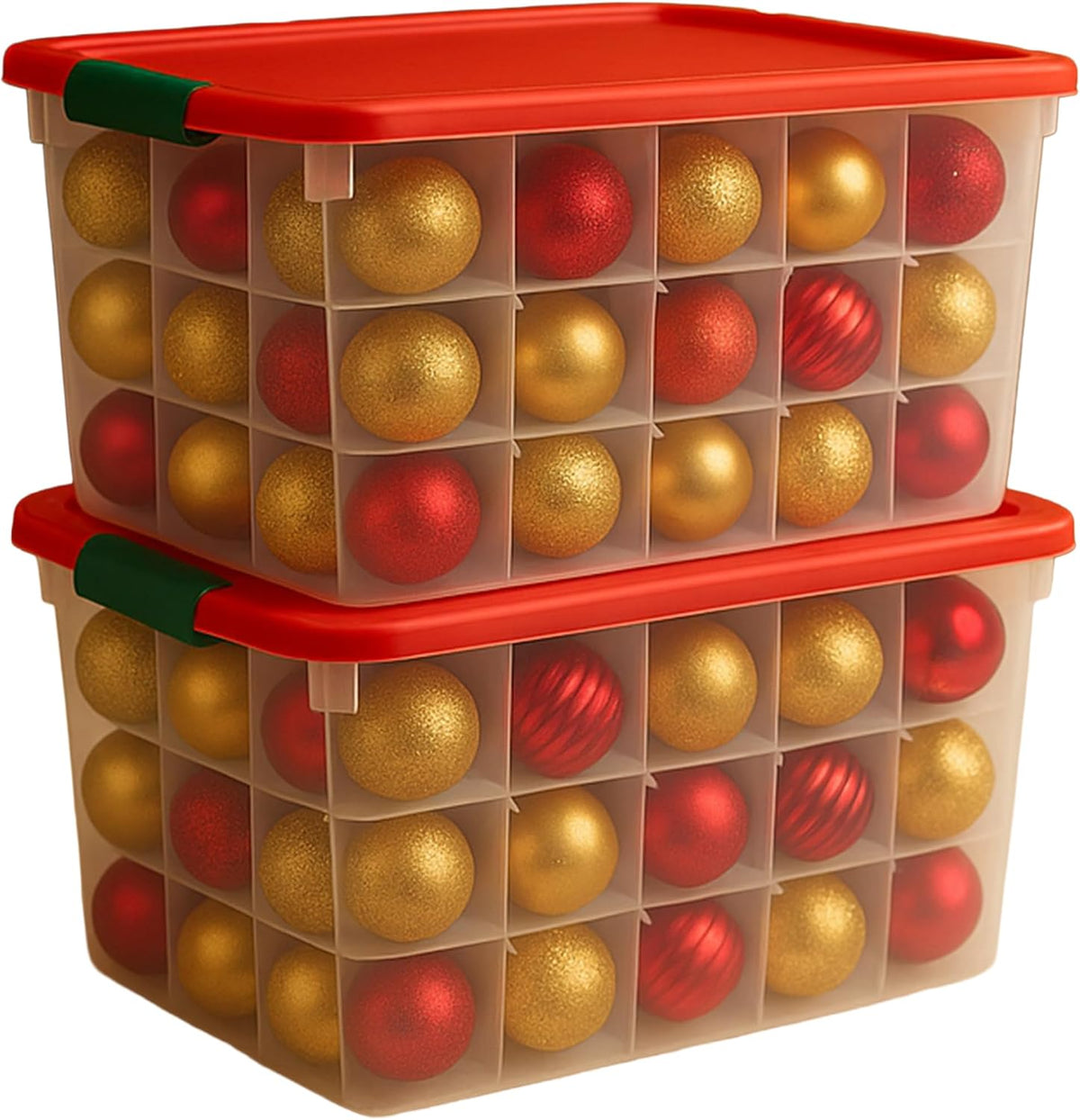 HOMZ Holiday Tote Plastic Storage Bin with Lid, 112 Qt, Clear/Red, 2 Pack Large Stackable Organization Container for Home, Garage, and Office Organization