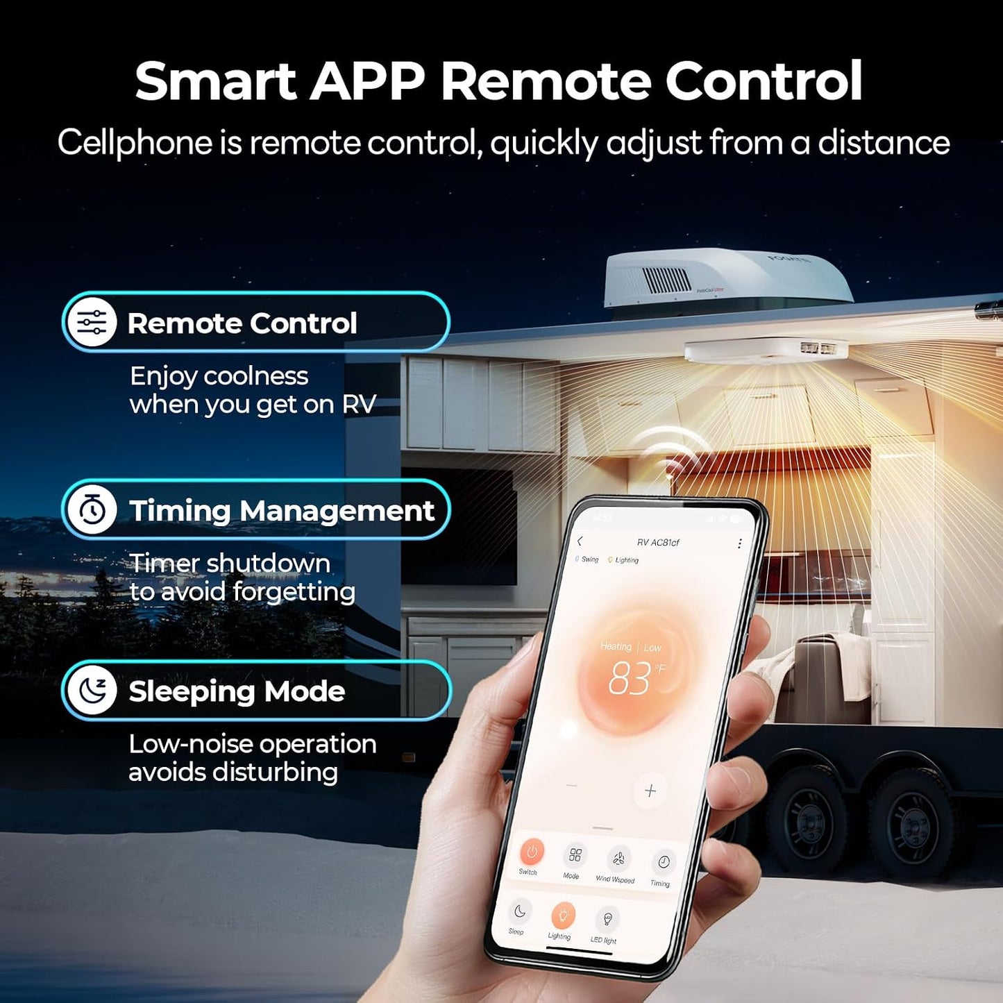 FOGATTI RV AC Unit 16K BTU, with Heat Pump, Non-Ducted, White APP & WiFi Control, Low-Profile Rooftop RV, Energy-Efficient Cooling, Quiet Operation, Fits Trailers Campers, ETL Certified