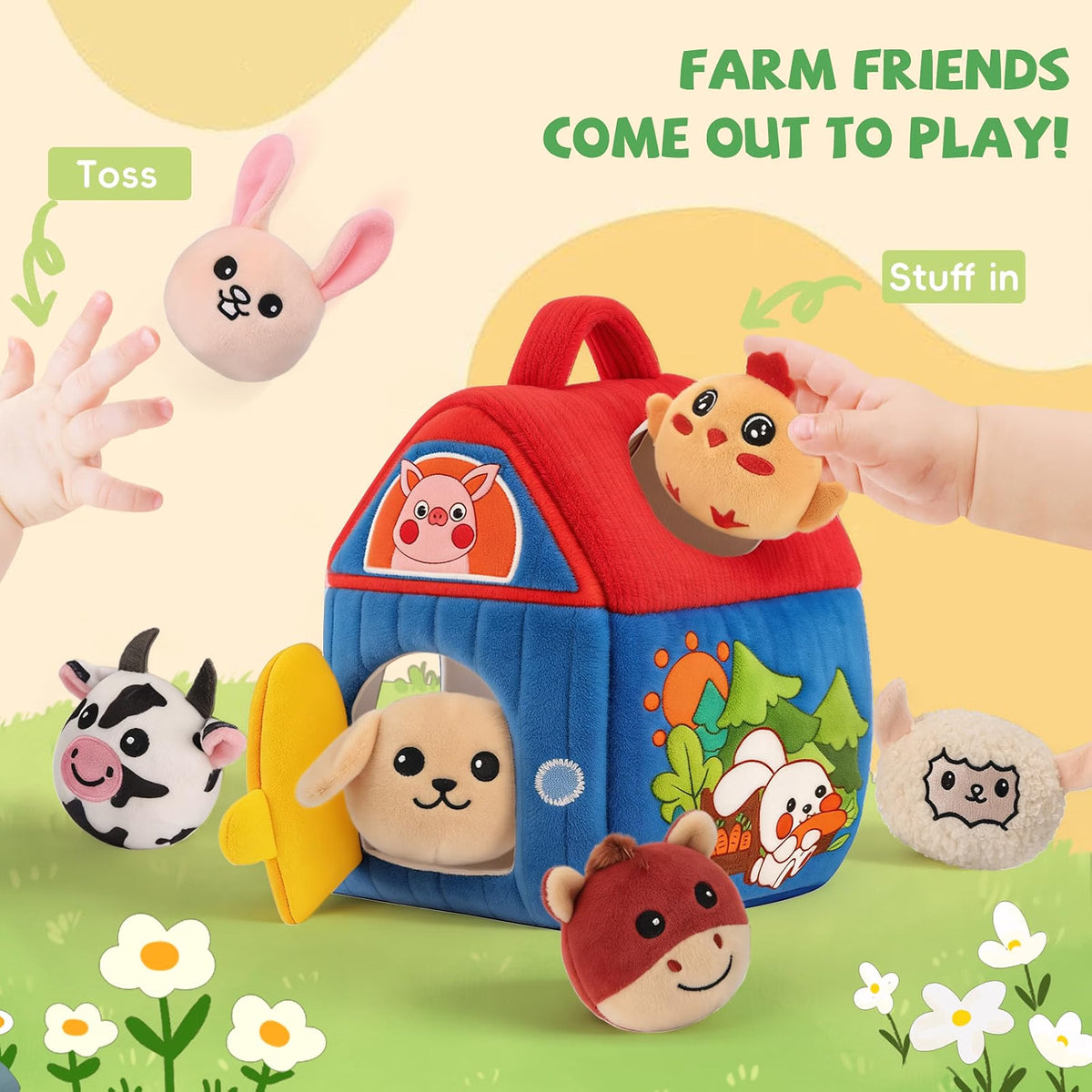 Montessori Farm Toy for Babies, Plush Barn with 7 Soft Animal Toys