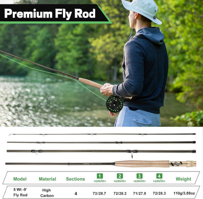PLUSINNO Fly Fishing Rod and Reel Combo Kit, 9FT 5/6 Weight IM8 Graphite Fly Rod with Aluminum Reel, 2+1 Bearings, Floating Line, Flies & Carrier Case