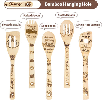 Eartim Autumn Wooden Cooking Utensil Set, 5-Piece Natural Bamboo Kitchen Spoon & Spatula Set with Seasonal Fall Designs, Non-Stick Cookware Tools, Autumn