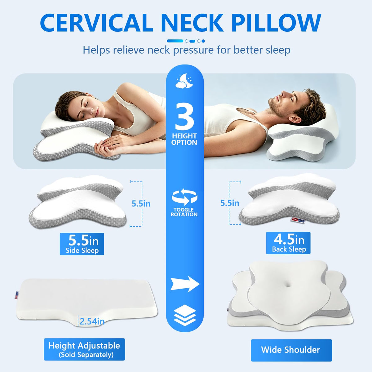 HyperionFlo Essentials Cervical Neck Pillow for Neck Pain Relief & Side Sleepers, Ergonomic Orthopedic Memory Foam Pillow with Cervical Neck Support, Cooling Cover, White, Standard