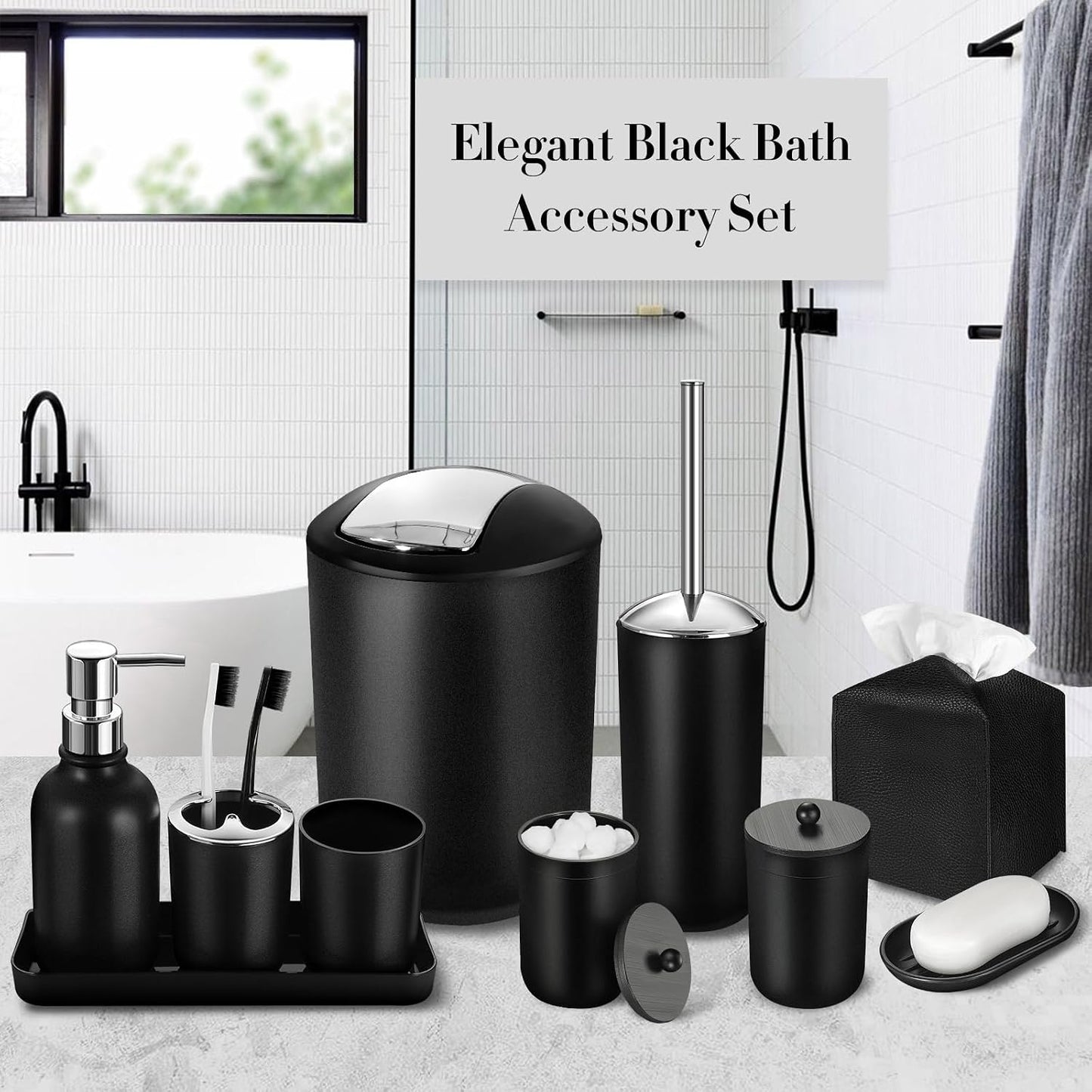 Black Bathroom Accessories Set, 10Pcs Bathroom Accessory Set with Trash Can, Soap Dispenser and Toothbrush Holder, Soap Dish, Cotton Ball & Qtip Holder, Toilet Brush Holder, Tissue Box Cover
