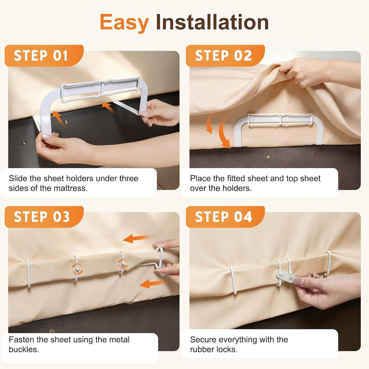 Sweetyear Upgrade Reinforced Sheet Holder, 6Pcs Metal Side Bed Sheet Holders Firm & Tight - Fit All Mattress Sizes, Easy Installation (White)