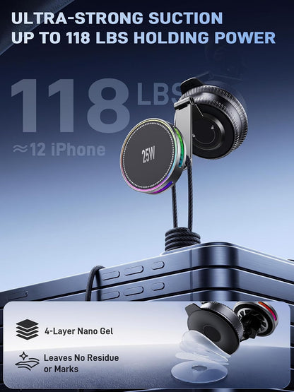 25W for Magsafe Car Mount Charger,Vacuum Wireless Car Charger Long Arm Magnetic Wireless Car Charger with 360° Rotating Phone Holder,Cooling Fan,Compatible with iPhone 18-12 Series