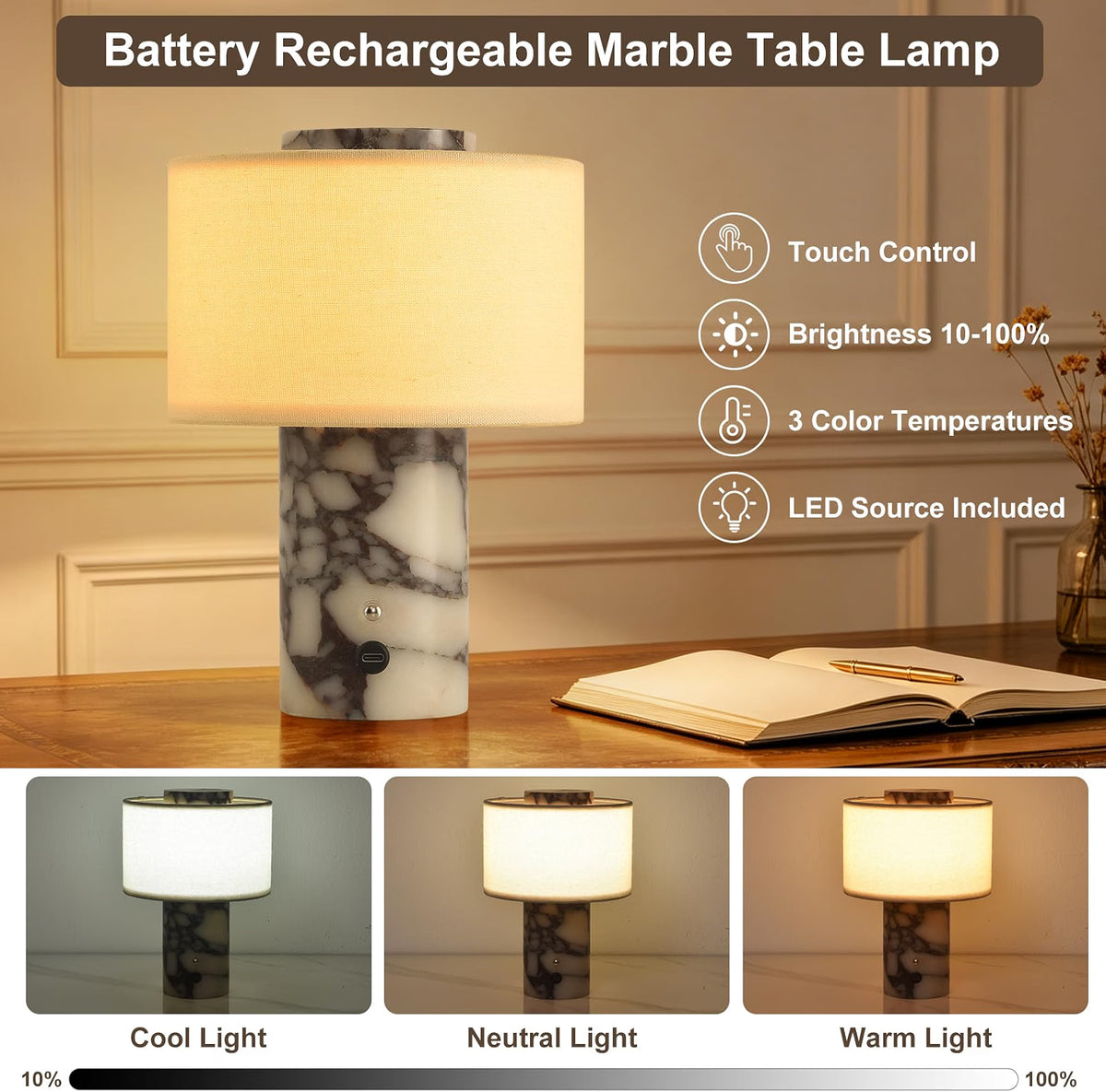 HyperionFlo Essentials Calacatta Viola Stone Cordless Table Lamp, Rechargeable 4000mAh LED Touch Lamp, 3 Color Temperatures, Dimmable, Off-White Linen Shade