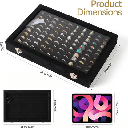 Frebeauty 100-Slot Ring Organizer Tray, Velvet Jewelry Display Box with Clear Lid, Hinged Ring Storage Case for Rings, Earrings & Studs, Black